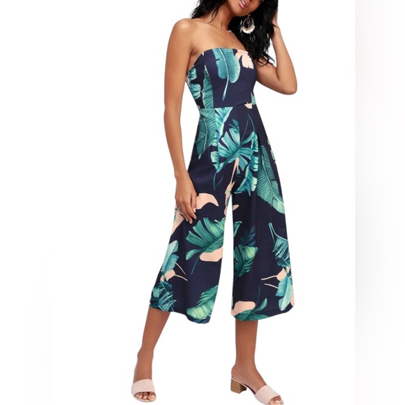Rainforest Blooms Navy Blue Print Strapless Midi Jumpsuit Large - Picture 1 of 11